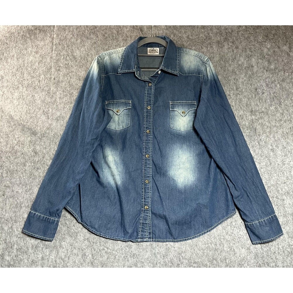 Cowgirl Justice Shirt Womens Large Blue Denim Pearl Snap Western Cotton Rodeo
